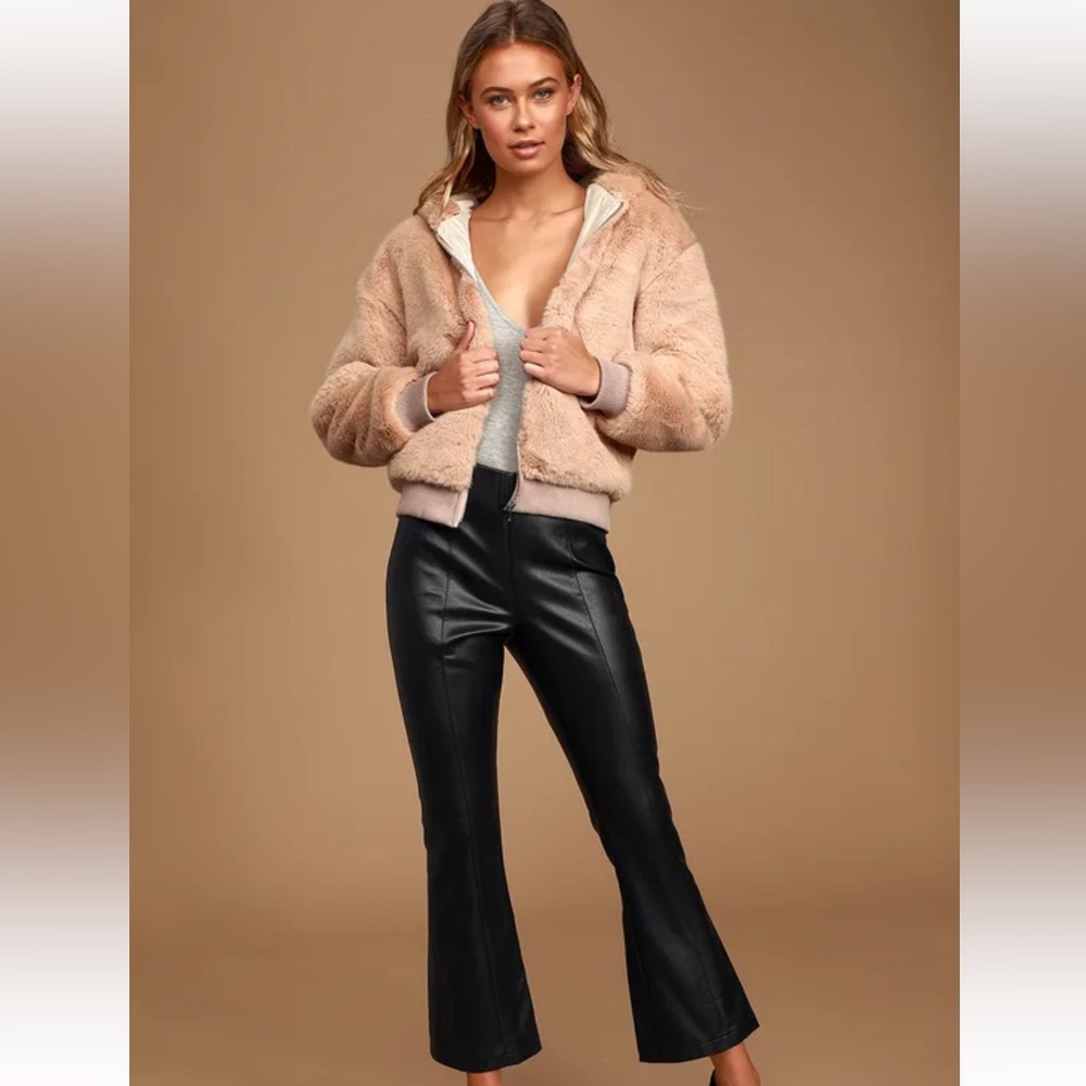 Lulus Count Me In Beige Faux Fur Hooded Bomber Jacket - Size S - Picture 5 of 5